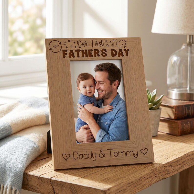 A wooden picture frame with a photo of a man holding a baby, placed on a wooden table next to a lamp and some books.