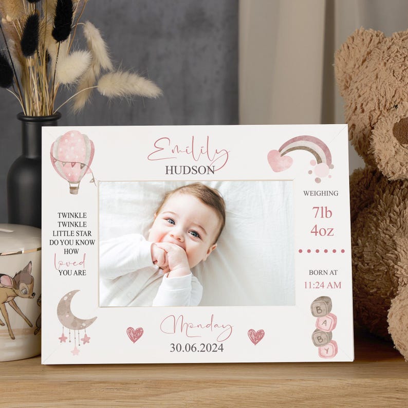 Personalised Baby Girl Photo Frame With Birth Details and Cute ...
