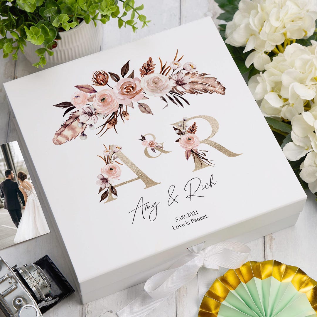 Personalised Boho Style Golden Text Wedding Keepsake Memory Box Gift ...