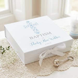 Personalised Baptism Memory Box Keepsake, Blue Ornate Cross Design (Medium & Large, Wood, Custom Engraving)