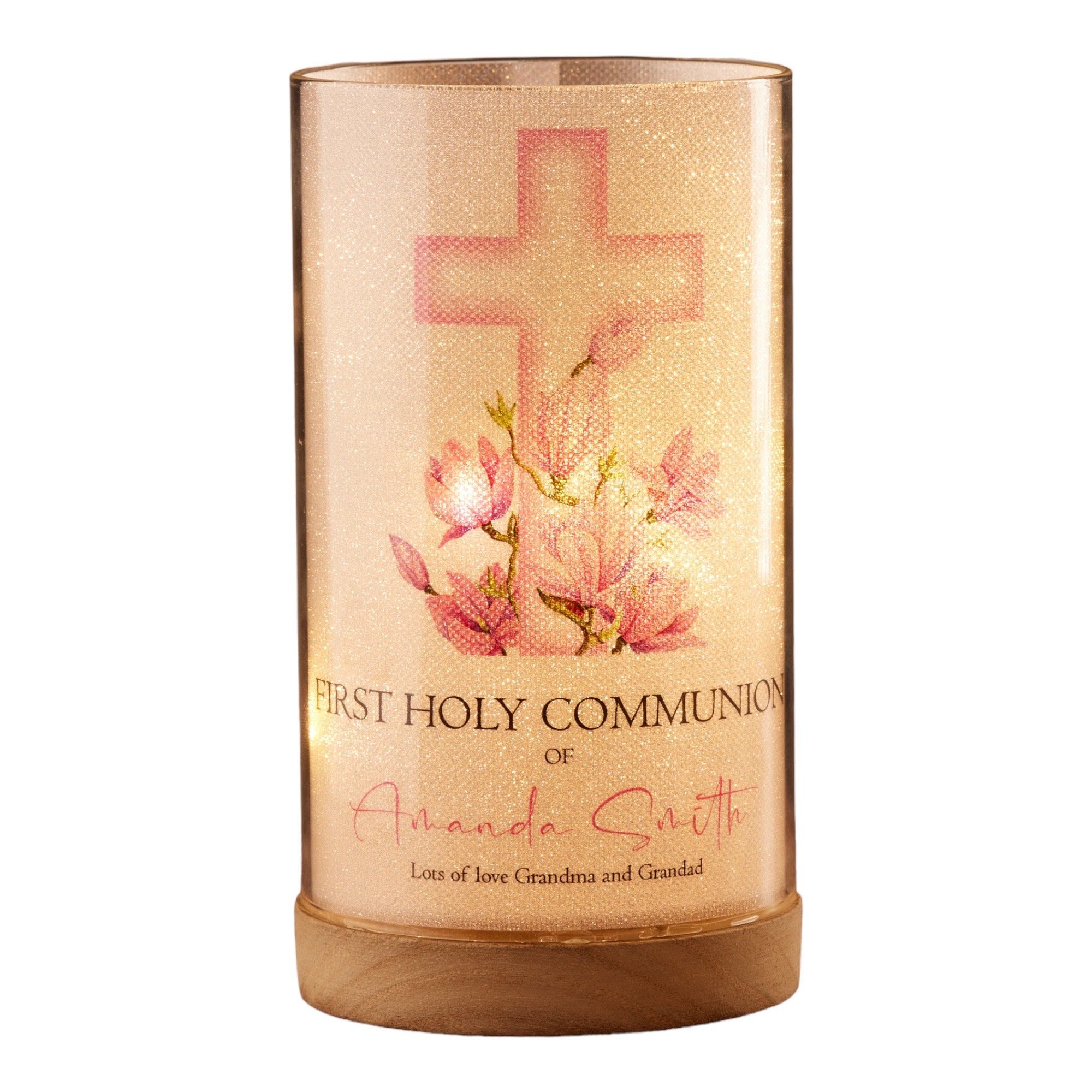 Personalised Holy Communion Lamp Light up Gift With Floral Pink Cross ...