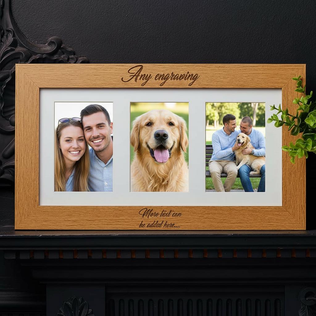 Personalised First Holy Communion Wooden Triple Photo 6 X 4 Frame Engraved Brown Oak Finish