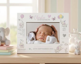 Personalised Baby Girl Photo Frame With Birth Details and Cute Elephant