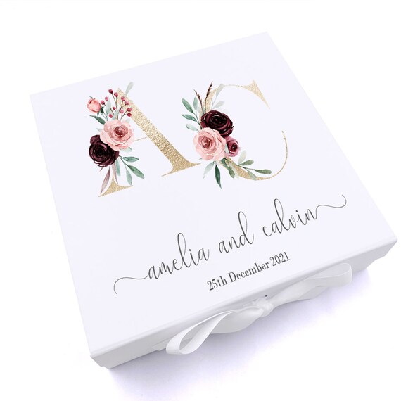 Boîte Souvenir De Mariage Avec Inscription Mr And Mrs - 31 X 22 X 7 Cm - Photo 15x10 Cm - Ruban Doré