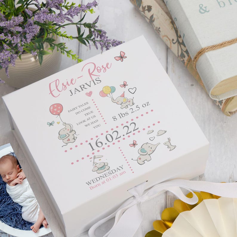Caja de recuerdos personalizada con diseño de elefantes para bebé niña imagen 2