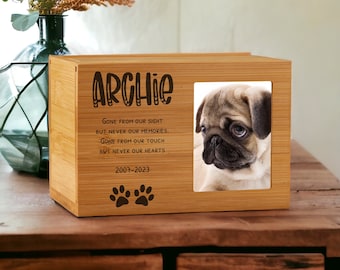 Personalised Wooden Dog Memorial Cremation Urn with Photo Heart Quote