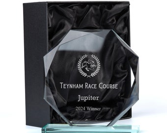 Large Jade Glass Personalised 15cm Horse Racing Or Equestrian Trophy Award Engraved