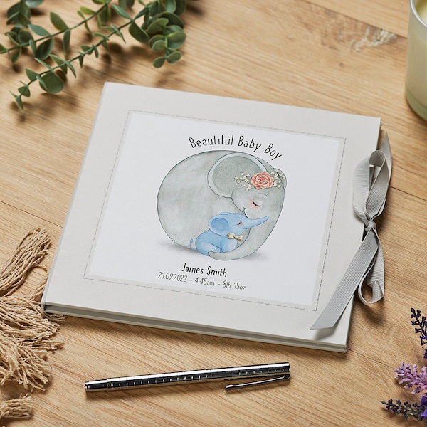 Personalised Beautiful Baby Boy Memory Record Memory Book With elephants