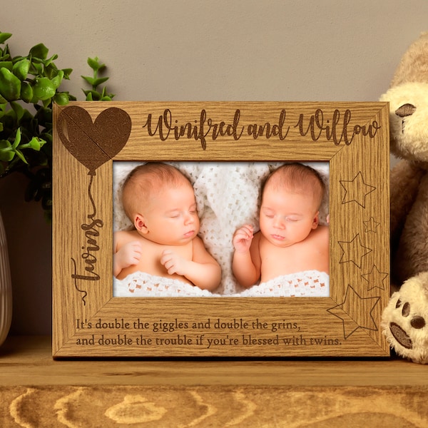 Personalised Twins Balloon Design Wooden Photo Frame Gift