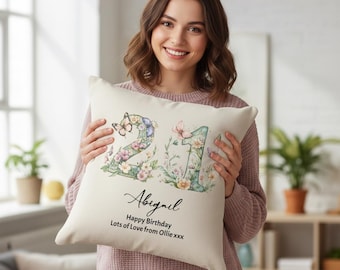 21st Birthday Gift For Her Personalised Cushion With Butterflies and Flowers