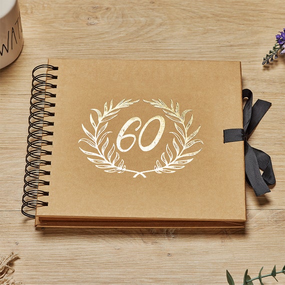 60th Birthday Brown Scrapbook Photo Album With Gold Script Laurel Wreath 