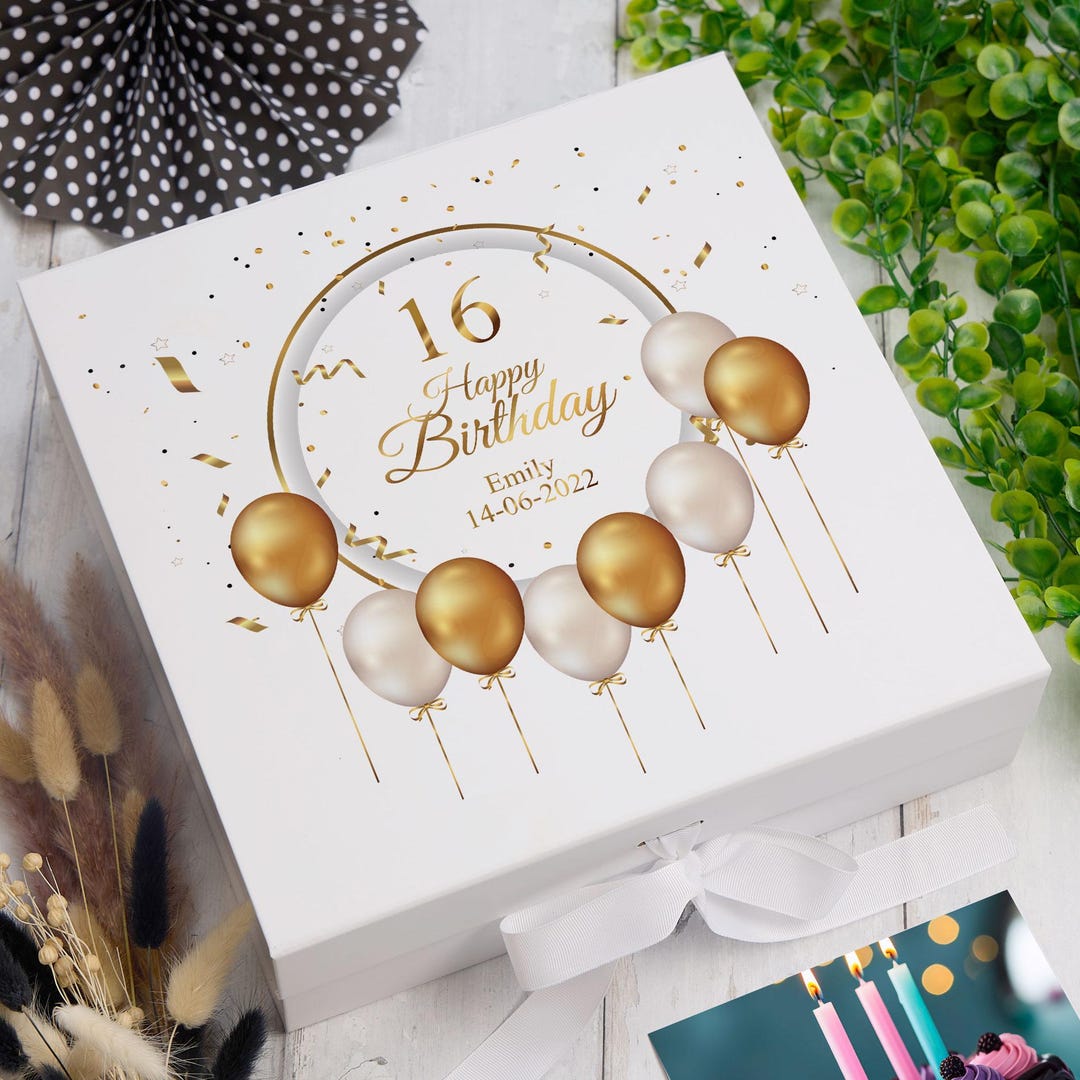 Personalised 16th Birthday Keepsake Box Gift With Gold Balloons - Etsy