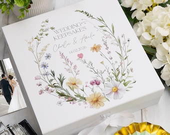 Personalised Couple Wedding Keepsake Box Delicate Floral Design