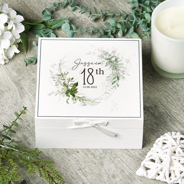 Personalised 18th Birthday  Vintage Wooden Box Gift With Green Ferns