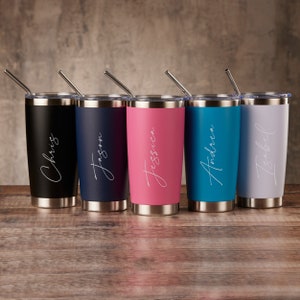 Personalised Engraved Thermal Travel Mug Reusable Coffee Tumbler Cup Personalized Engraved Flask With Metal Straw Script Text