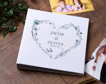 Large Traditional Book Bound Personalised Wedding Photo Album With Dusty Blue Heart