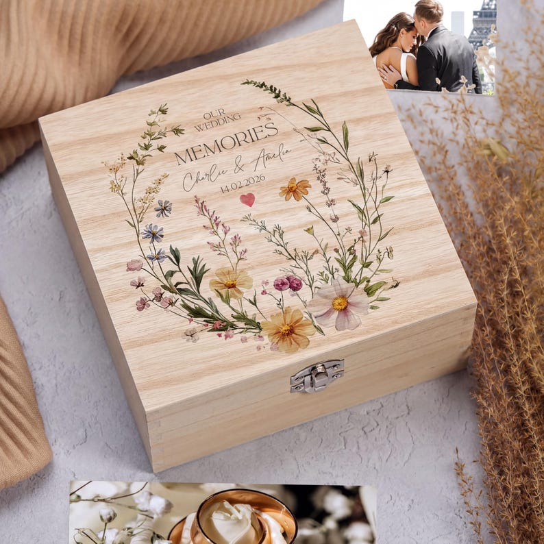 Personalised Wooden Box Wedding Keepsake Memory Gift Gentle Floral ...