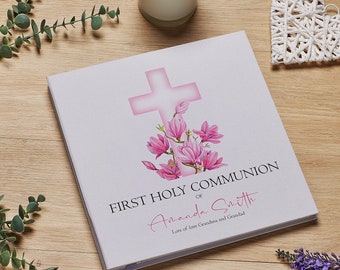 Personalised Communion Large Linen Cover Photo Album With Pink Cross