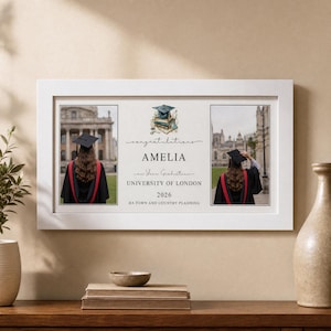 May include: A white rectangular frame containing two vertical photographs of a graduate in a black gown and cap, with a central panel featuring a watercolour illustration of a graduation cap on books and text reading Congratulations AMELIA on Your Graduation UNIVERSITY OF LONDON 2026 BA TOWN AND COUNTRY PLANNING.