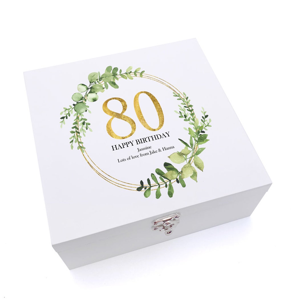 Personalised 80th Birthday Gift for Her Keepsake Wooden Box Gold Wreath