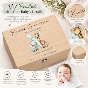 The image is an advertisement for a UV-printed wooden box, featuring a baby's photo and various details about the product.