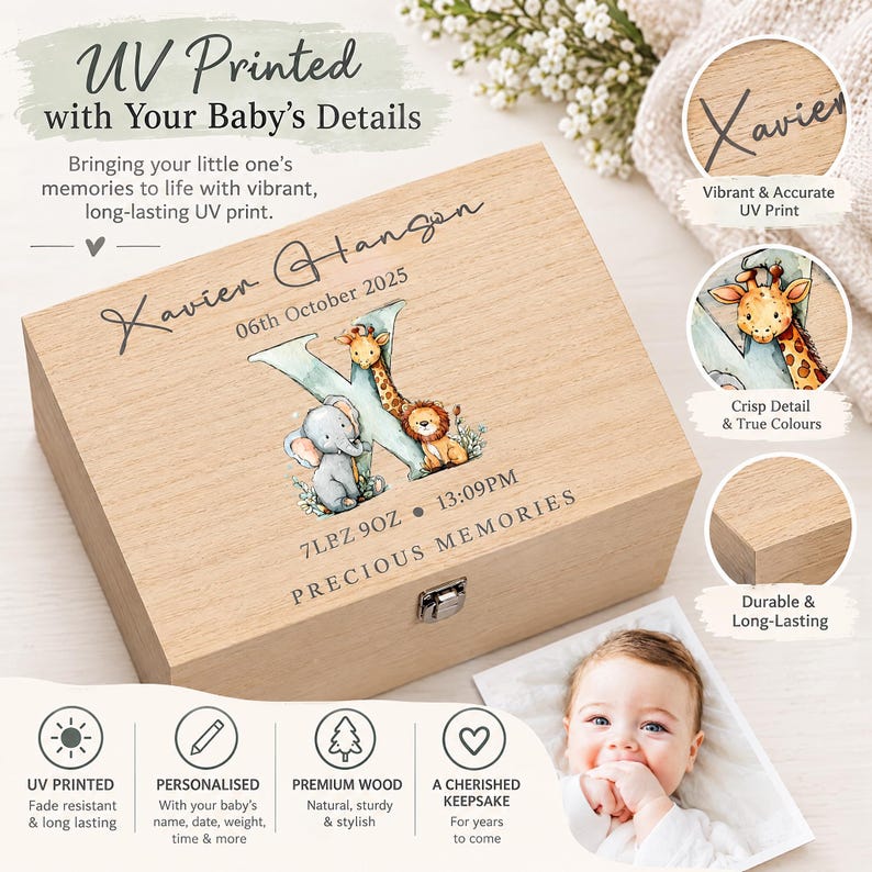 The image is an advertisement for a UV-printed wooden box, featuring a baby's photo and various details about the product.