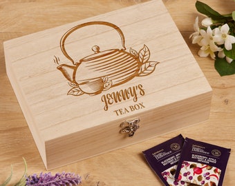 Personalised Tea Box Any Name Engraved With Old Fashion Pot