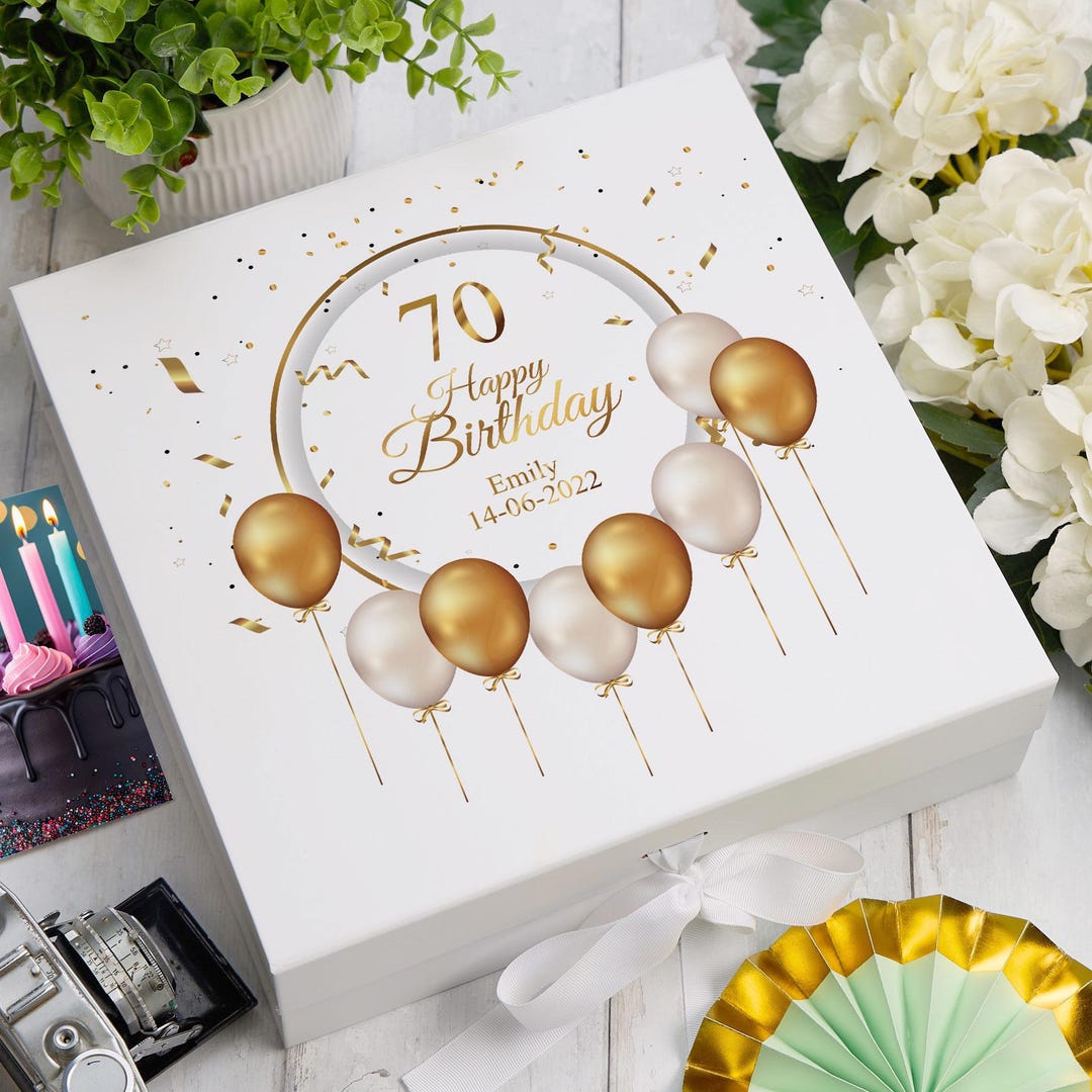 Personalised 70th Birthday Keepsake Box Gift With Gold Balloons - Etsy UK