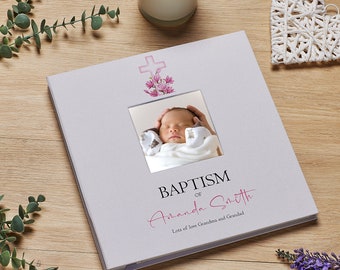 Personalised Baptism Photo Album Linen Cover With Pink cross