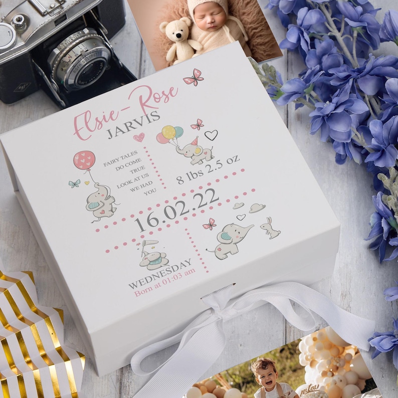 Caja de recuerdos personalizada con diseño de elefantes para bebé niña Medium