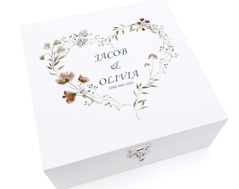 Personalised Luxury Wooden Wedding Box Keepsakes With Watercolour Floral Heart