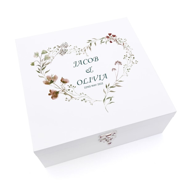 Personalised Luxury Wooden Wedding Box Keepsakes With Watercolour Floral Heart