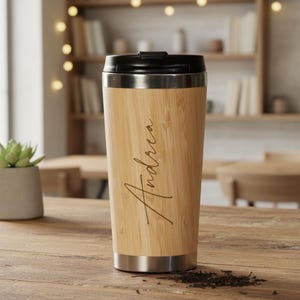 Personalised Bamboo Insulated Travel Mug Gift Any Name Script Font
