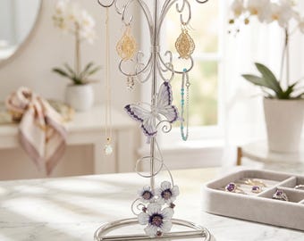 Présentoir à bijoux vintage en métal émaillé, orné de fleurs violettes et de papillons, hauteur 22,5 cm