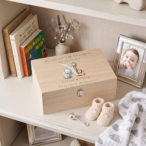 A wooden box with a baby's name and birth date, surrounded by baby items such as a baby's booties, a baby's pacifier, and a framed photo of a baby.