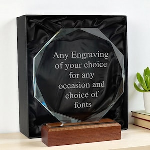 Personalised Glass Award: Octagon Shape with Wooden Base - Engraved Design