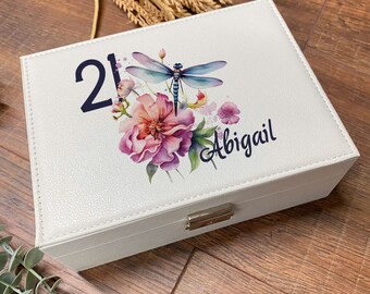 Personalised Any Age Birthday Large Jewellery Box Gift Dragonfly Design 13th 16th 18th 21st 30th 40th 50th 60th