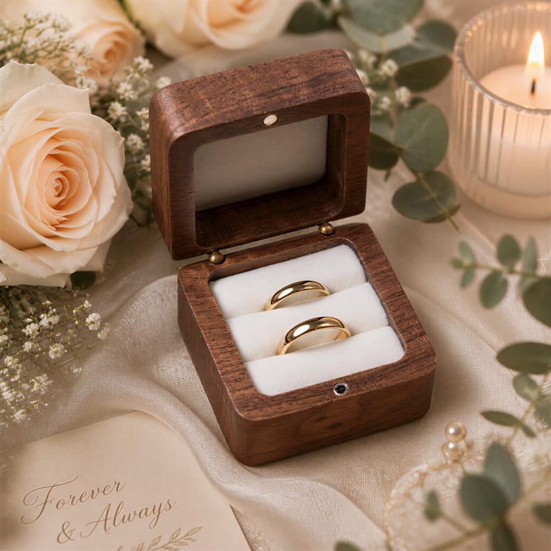 A wooden box containing two gold wedding rings, placed on a white cloth with a candle and greenery in the background.