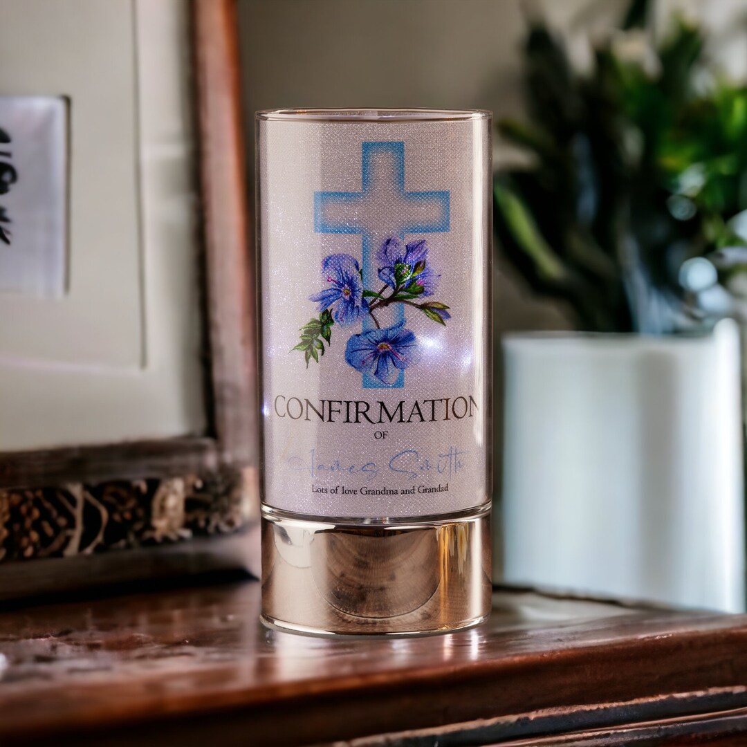 Personalised Confirmation Night Light Gift With Floral Blue Cross - Etsy