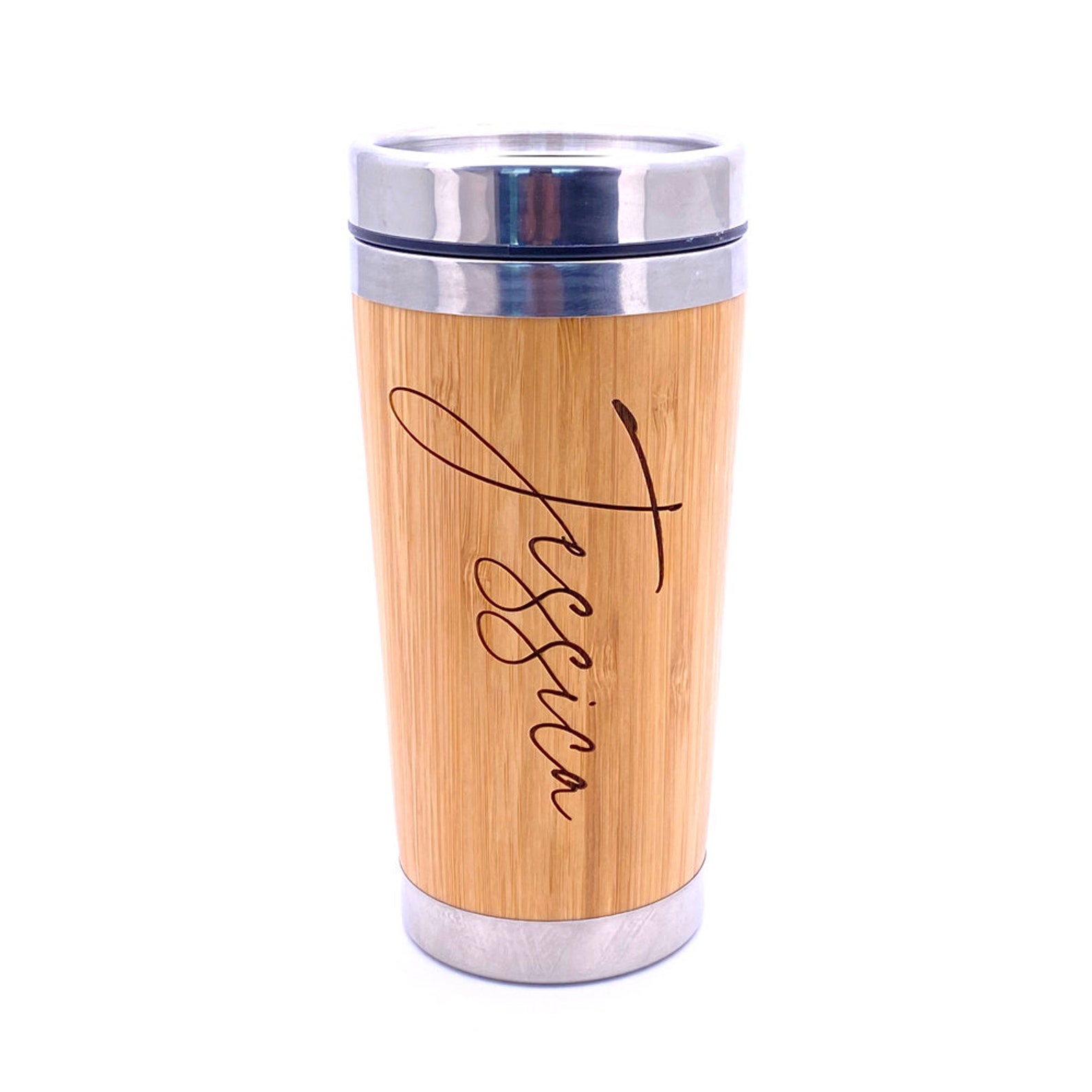 Personalised Bamboo Insulated Travel Mug Gift Any Name Script Etsy