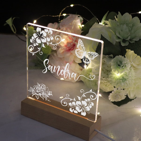 Personalised Night Light LED Lamp Gift Any Name and Botanical Design
