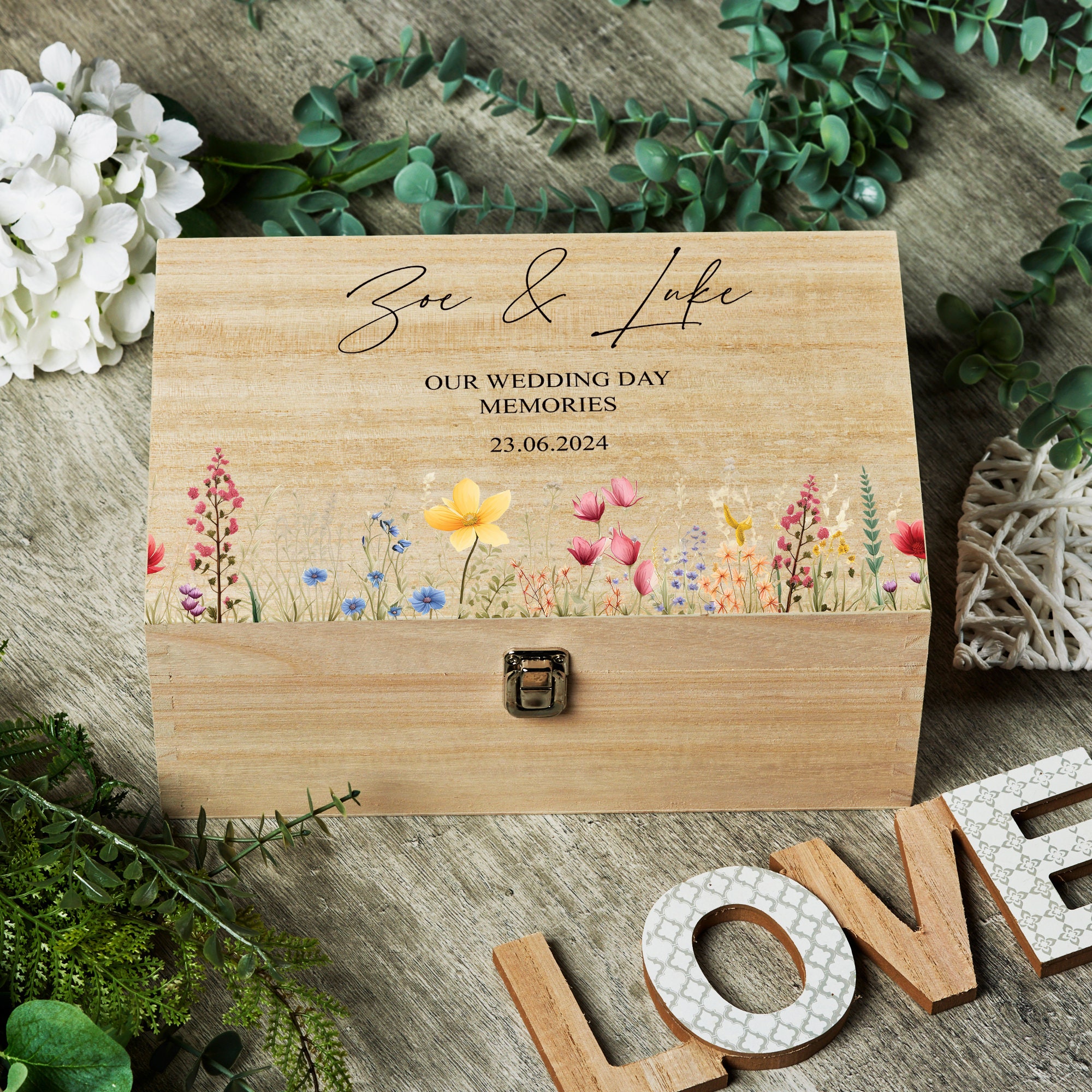 Personalised Large Wedding Memories Keepsake Box With Wildflower