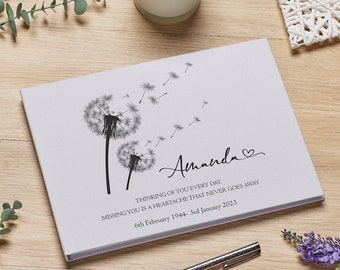 Personalised Large A4 Condolence Memorial Linen Guest Book Dandelions