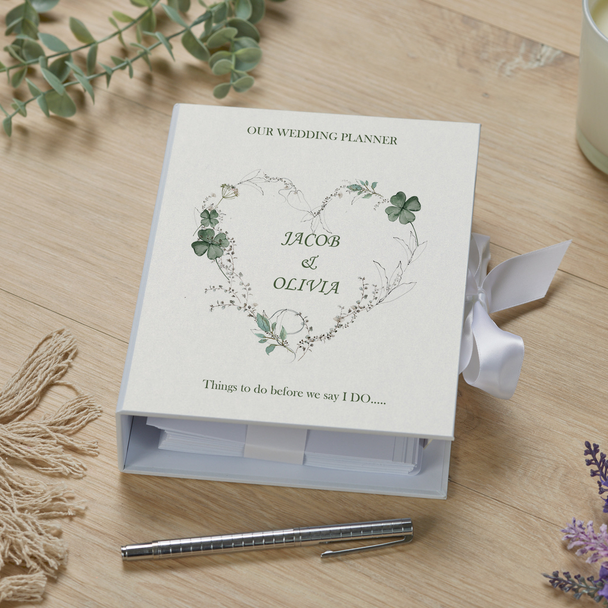 Personalised Wedding Planner Organiser Book Engagement Gift With Green Clover Heart