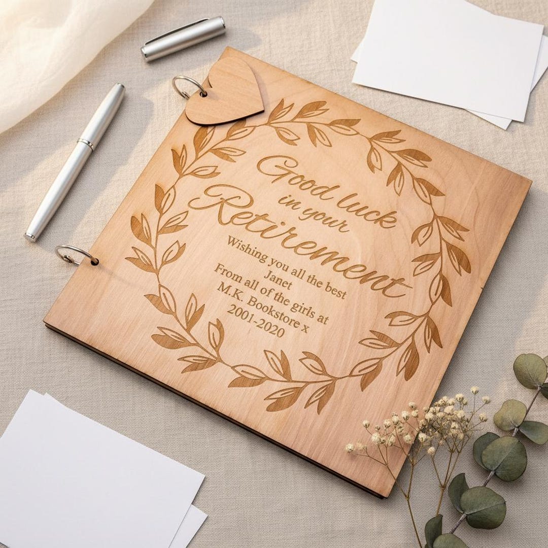 Album Libro Degli Ospiti In Legno Inciso Personalizzato Per Ritiro – Copertina In MDF, 80 Pagine, Beige (Design#1, Large 22.9x30.5 Cm) - 2