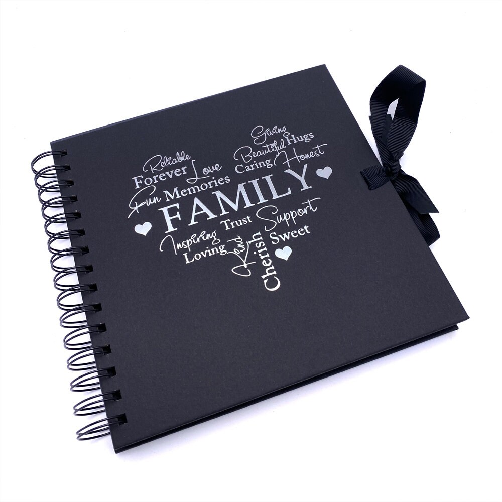 Family Themed Black Scrapbook Photo Album With Silver Script 