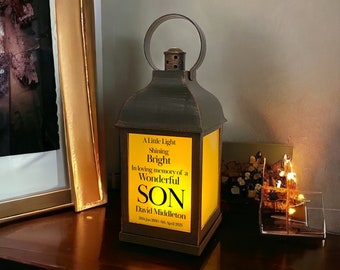 Personalised Son In Loving Memory Graveside Lantern Gift With Flame Effect