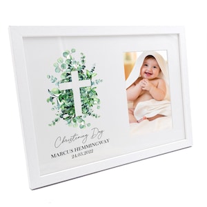 Personalised Christening Day White Photo Frame Gift With Cross and Eucalyptus