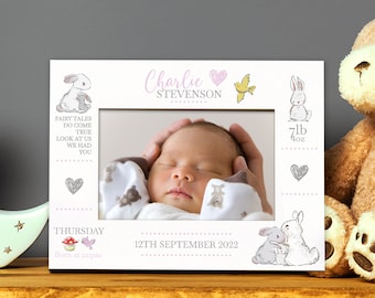 Personalised Baby Girl Photo Frame With Birth Details and Cute Rabbit