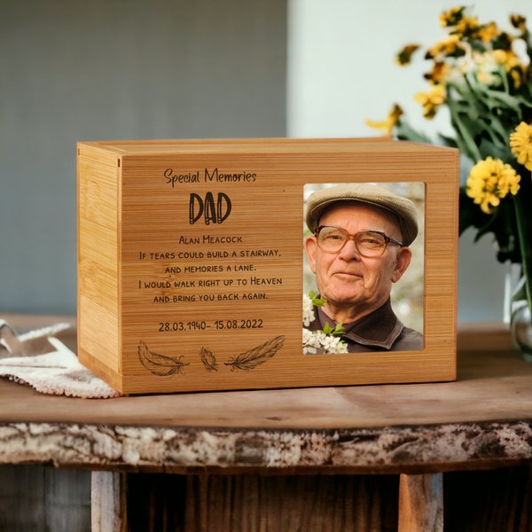 Personalised Small Wooden Dad Memorial Cremation Urn with Photo Space